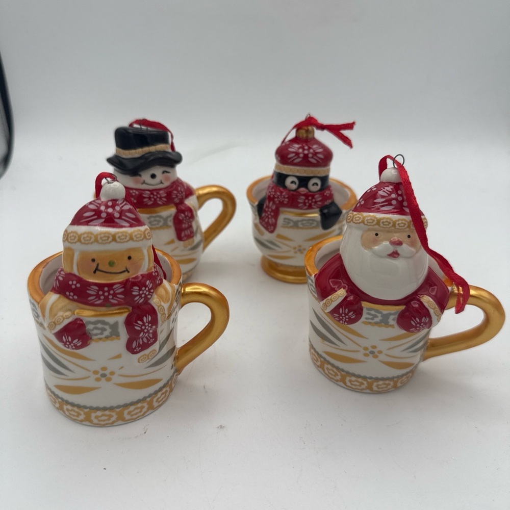Temptations Old World Confetti Holiday Teacup Ornaments Santa Penguin Snowman